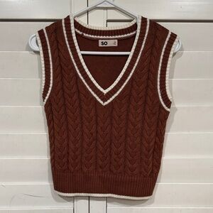 SO Women's V-Neck Brown Cable Knit Sweater Vest